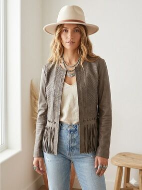 Elie Tahari Taupe Brown Leather Embroidered Fringe Jacket - Small